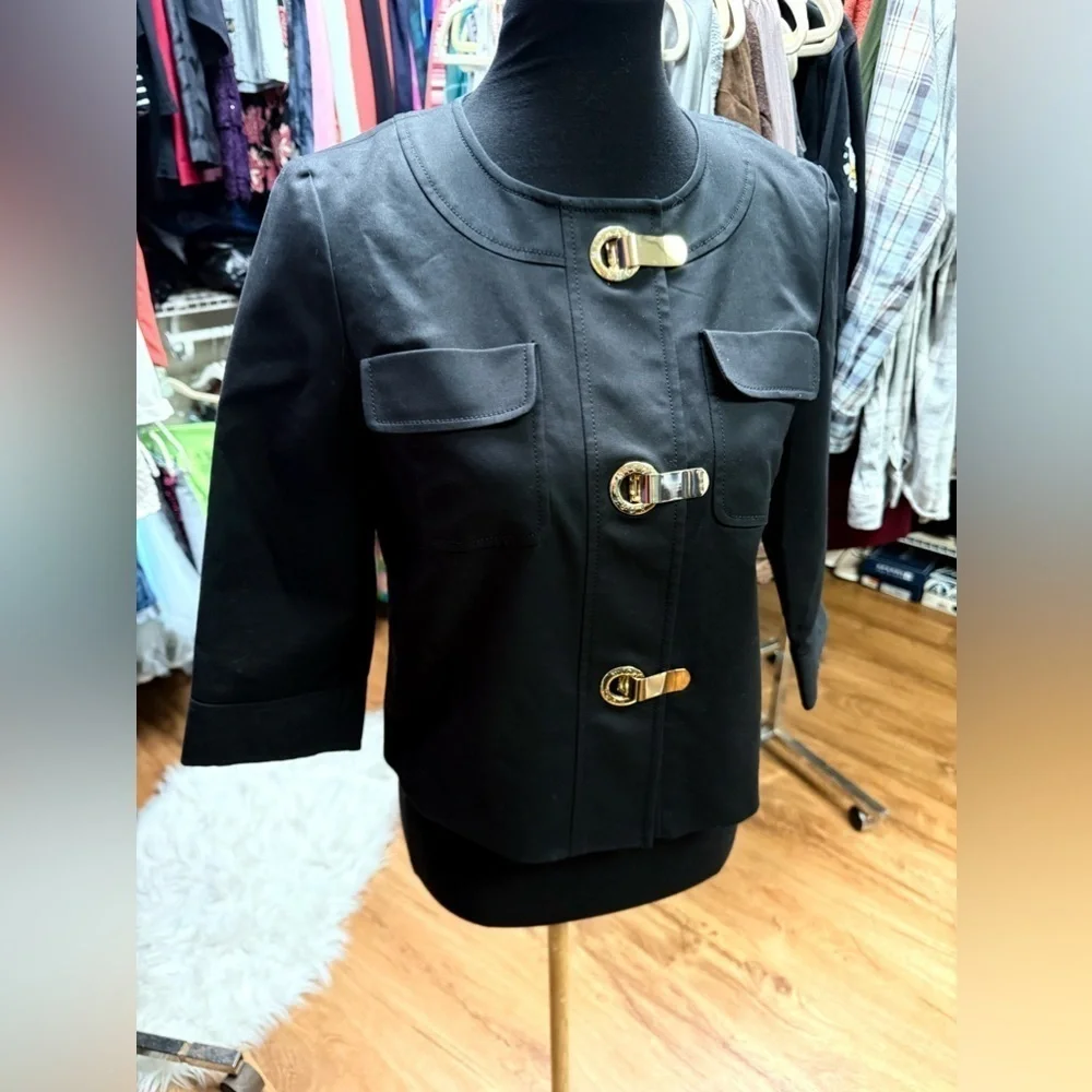 Michael Kors Black Gold Clasp Cropped Blazer Jacket Size S - Picture 3 of 6